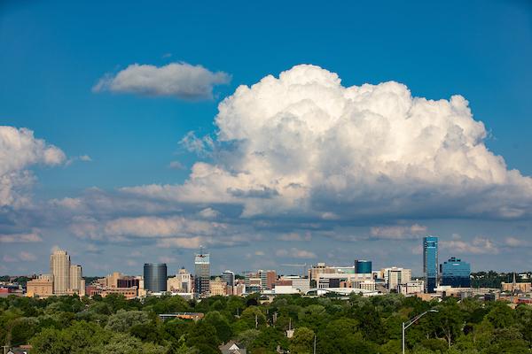 Grand Rapids Skyline with fluffy clouds